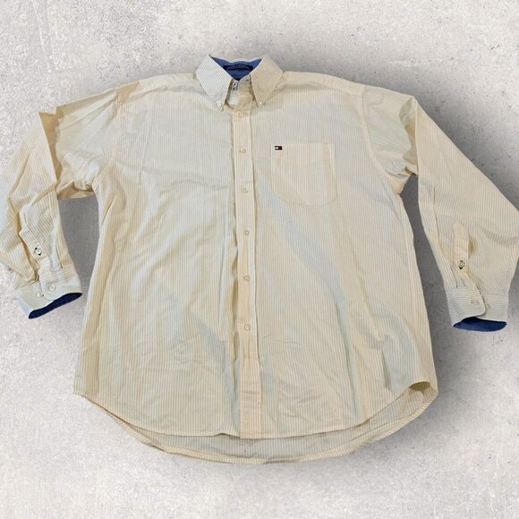 Tommy Hilfiger Dress Shirt Men’s Size Large White Yellow Striped Cotton - Picture 1 of 5